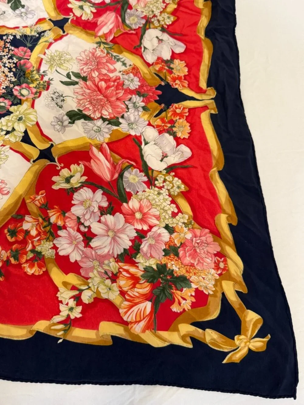 VINTAGE ERRE RED GOLD RIBBON MOTIF FLORAL HAND ROLLED SQUARE SILK SCARF ITALY